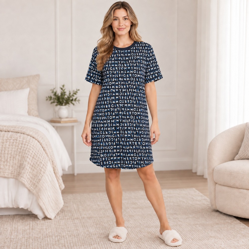TOMMY HILFIGER Women's NWOT Sleep Shirt XL Nightgown Navy 100% Cotton Logo Print
